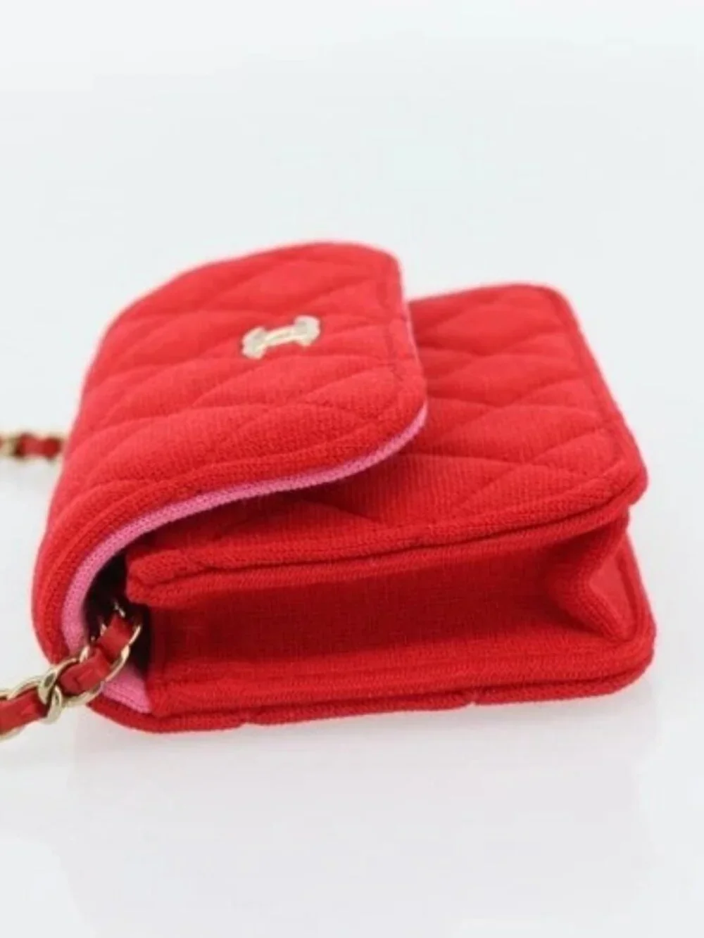 CHANEL Chain Mini Matelasse 12 Shoulder Bag Cotton Red Gold CC Auth 182786SM